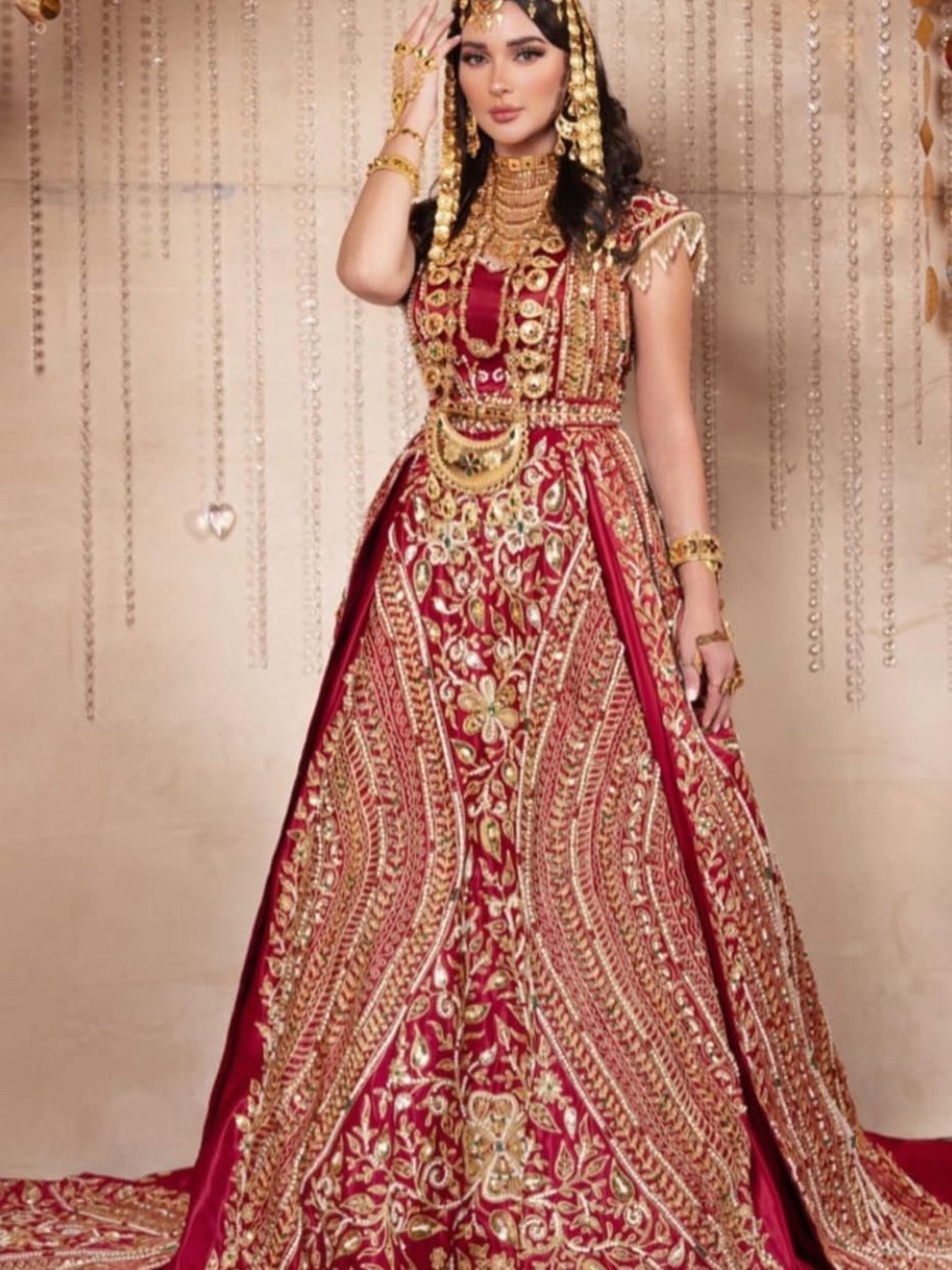 Source Unknown Red Bridal Dress with Gold Embroidery